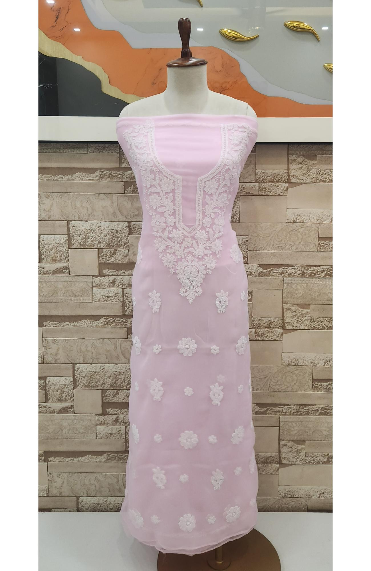 Pink Faux Georgette Hand Embroidered Chikankari  Suit Length