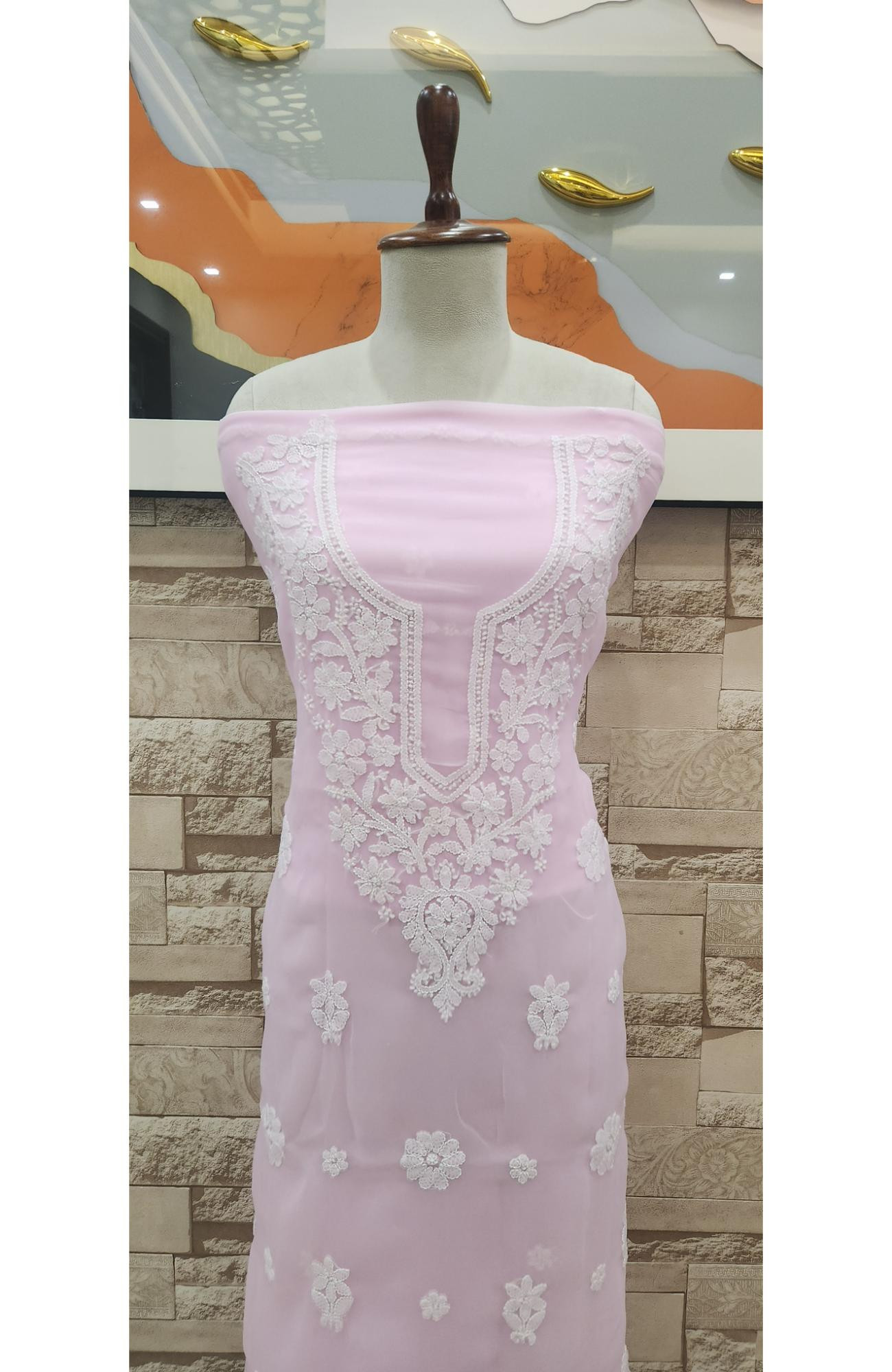 Pink Faux Georgette Hand Embroidered Chikankari  Suit Length