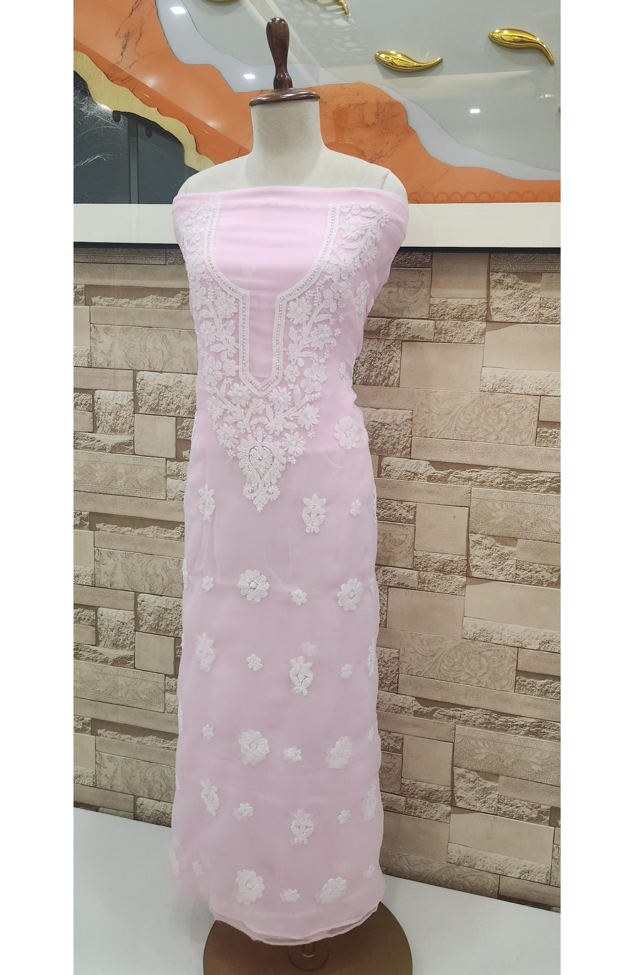 Pink Faux Georgette Hand Embroidered Chikankari  Suit Length