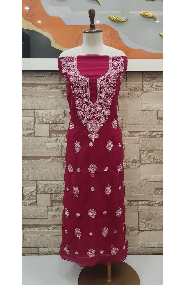 Image of Magenta  Faux Georgette Hand Embroidered Chikankari  Suit Length