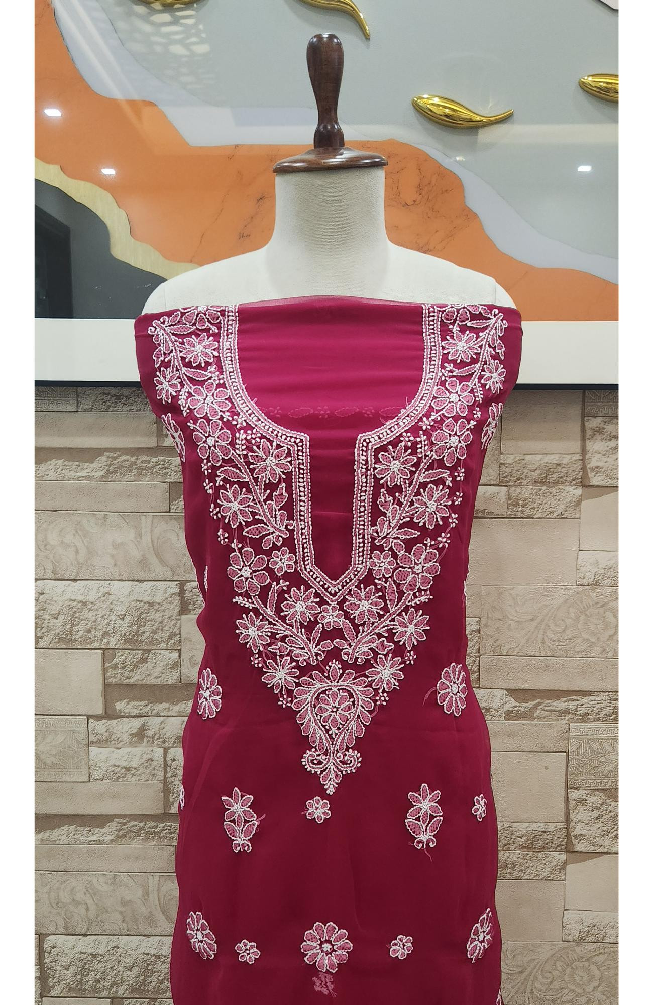 Magenta  Faux Georgette Hand Embroidered Chikankari  Suit Length