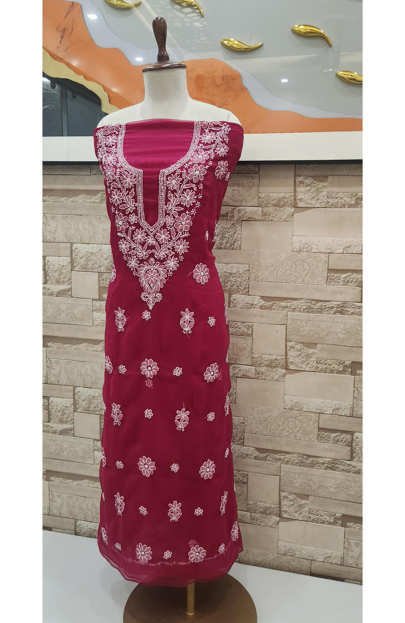 Magenta  Faux Georgette Hand Embroidered Chikankari  Suit Length