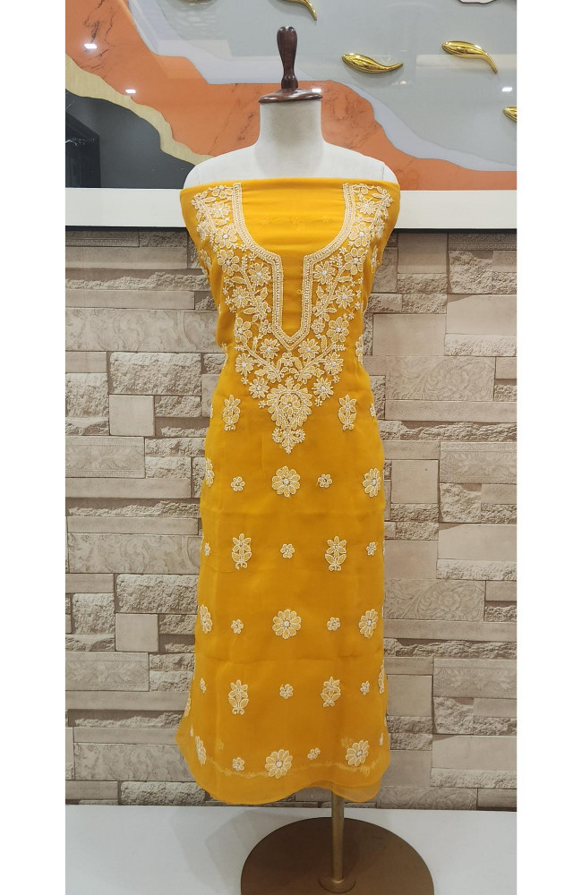 Image of Mustard Yellow  Faux Georgette Hand Embroidered Chikankari  Suit Length
