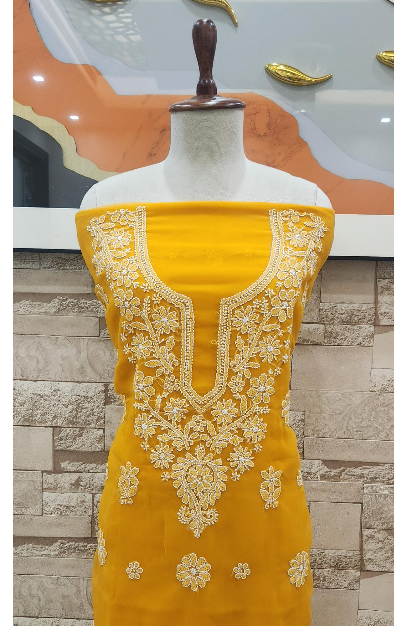 Mustard Yellow  Faux Georgette Hand Embroidered Chikankari  Suit Length