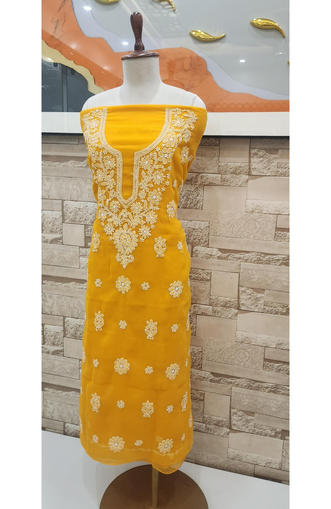 Mustard Yellow  Faux Georgette Hand Embroidered Chikankari  Suit Length
