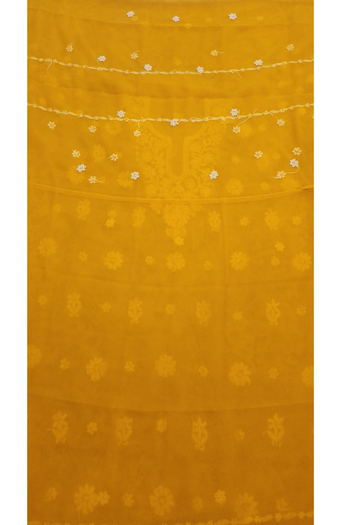 Mustard Yellow  Faux Georgette Hand Embroidered Chikankari  Suit Length