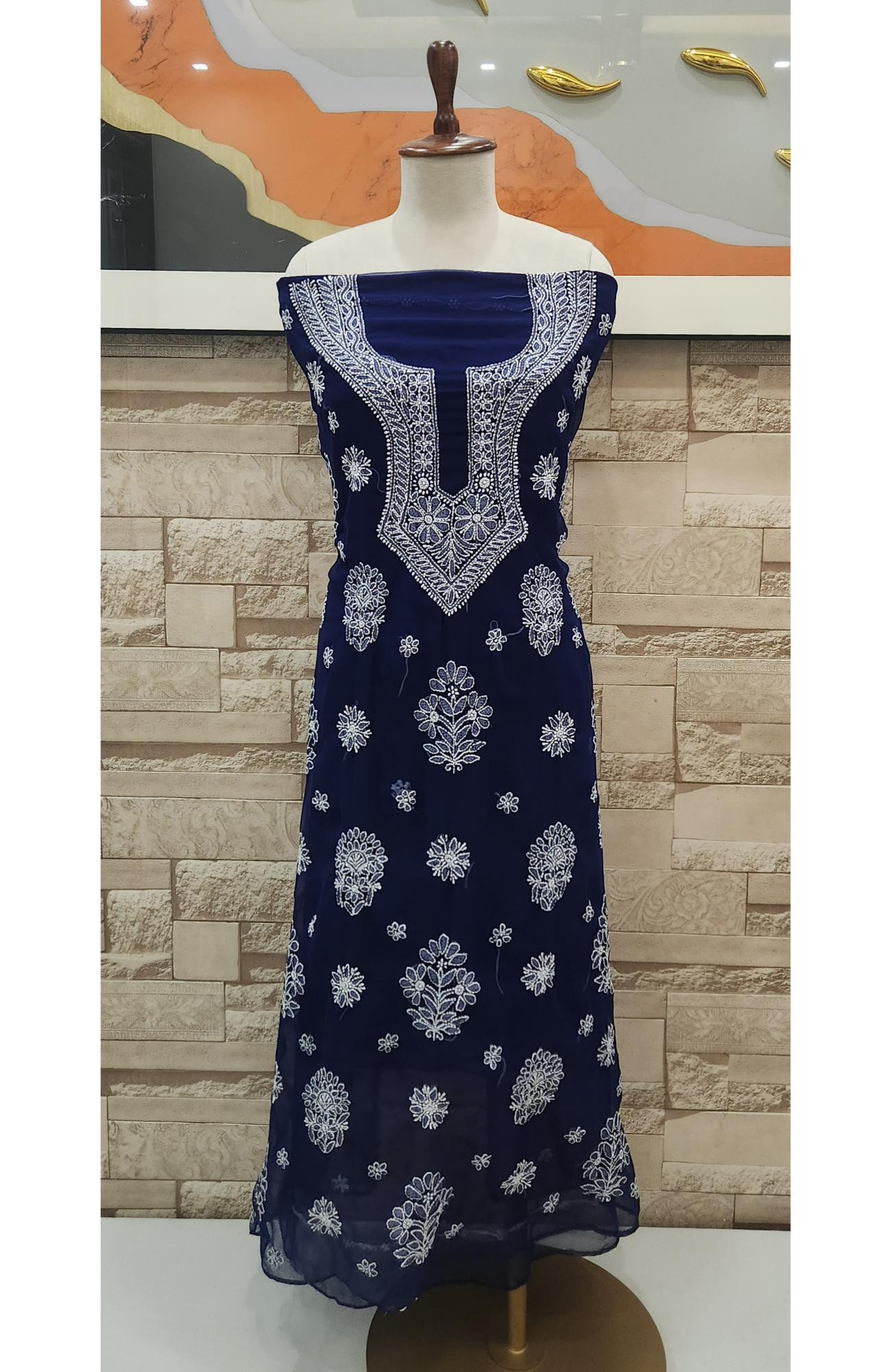 Navy Blue Faux Georgette Hand Embroidered Chikankari  Suit Length