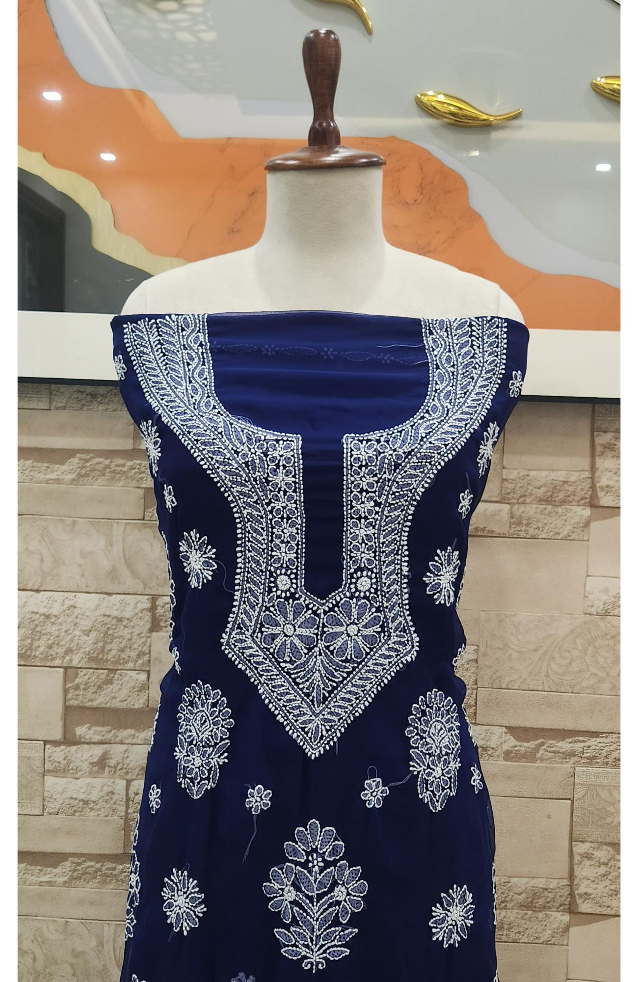 Navy Blue Faux Georgette Hand Embroidered Chikankari  Suit Length