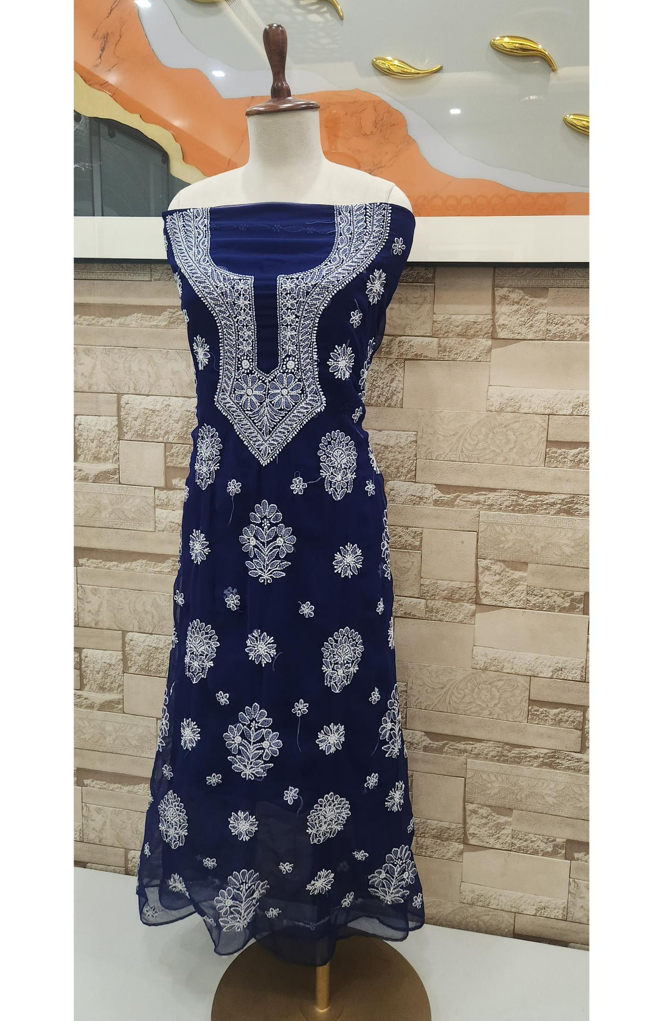 Navy Blue Faux Georgette Hand Embroidered Chikankari  Suit Length