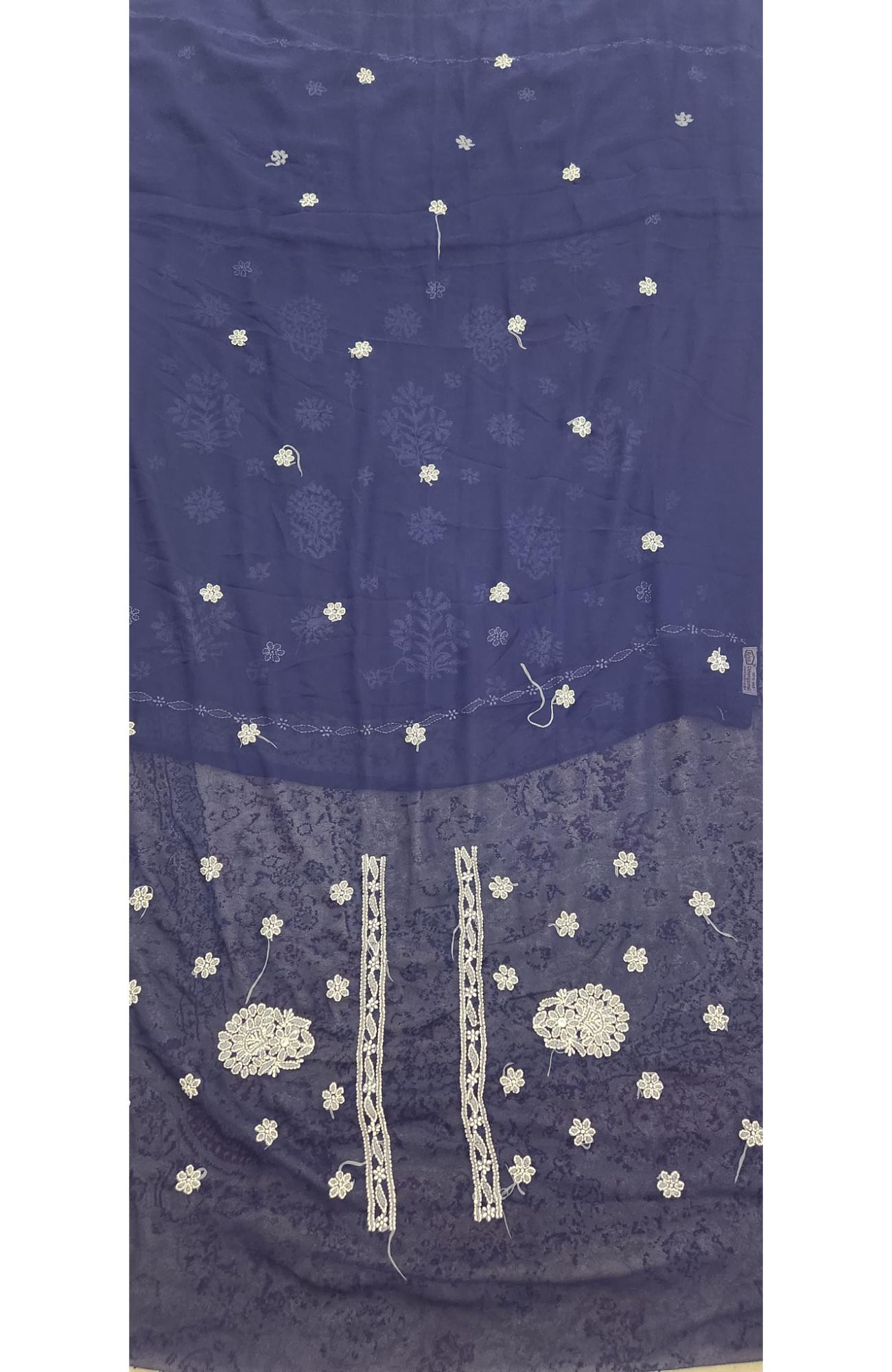 Navy Blue Faux Georgette Hand Embroidered Chikankari  Suit Length