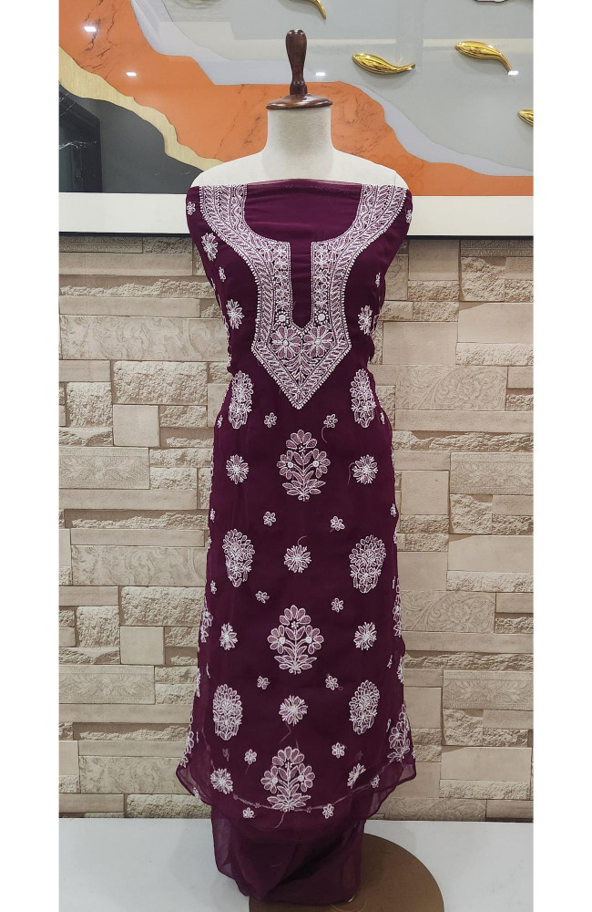 Image of Wine Faux Georgette Hand Embroidered Chikankari  Suit Length