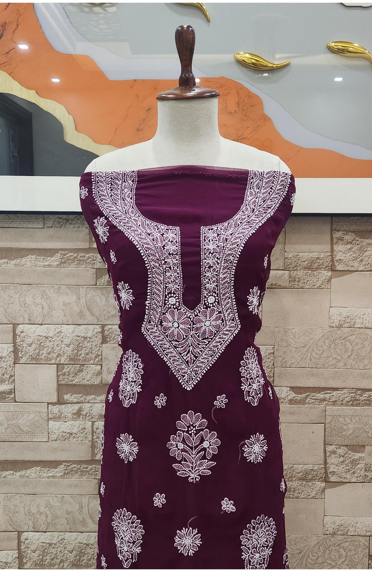 Wine Faux Georgette Hand Embroidered Chikankari  Suit Length