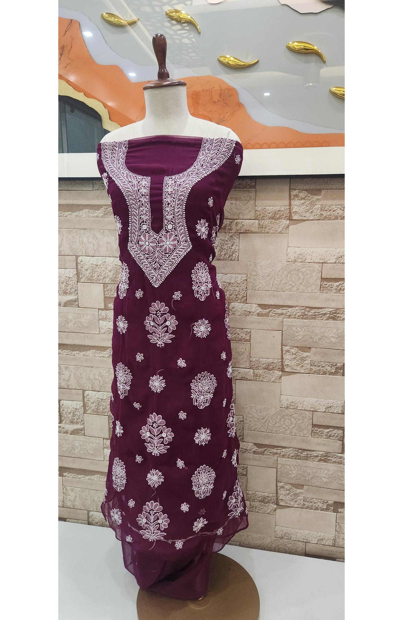 Wine Faux Georgette Hand Embroidered Chikankari  Suit Length