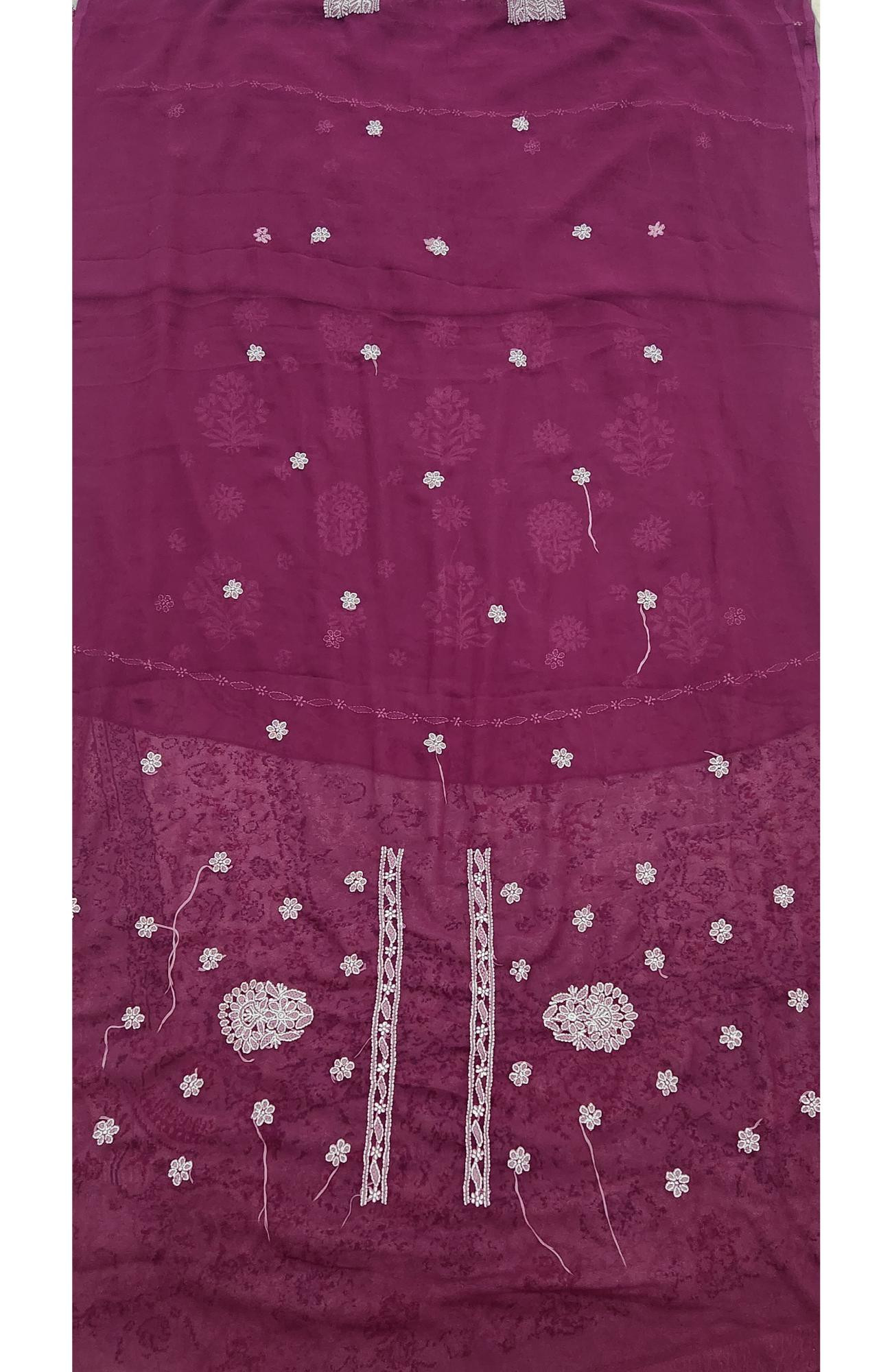 Wine Faux Georgette Hand Embroidered Chikankari  Suit Length