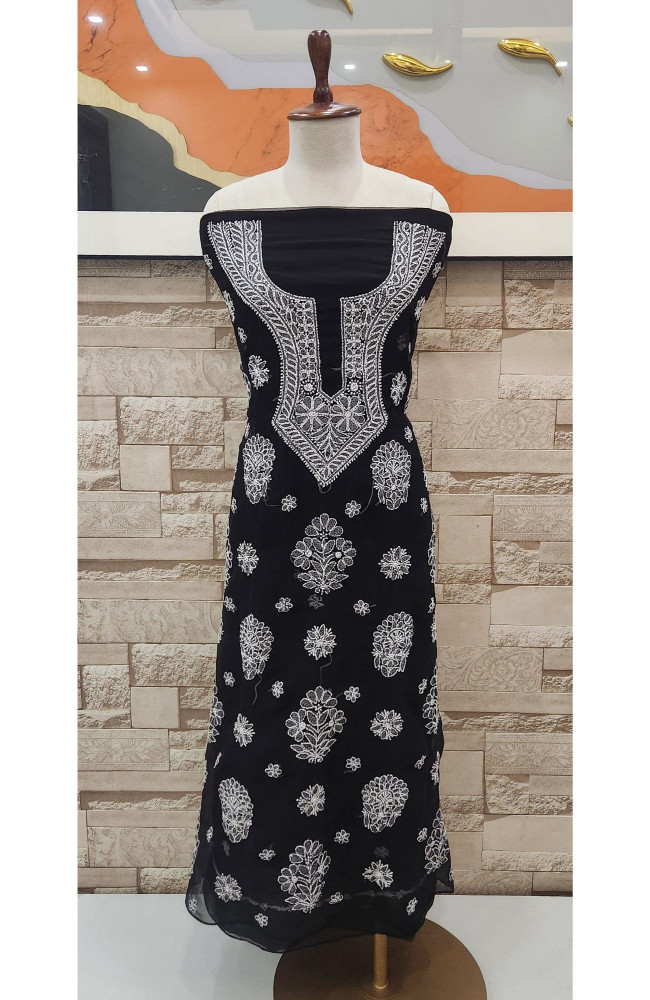 Image of Black Faux Georgette Hand Embroidered Chikankari  Suit Length