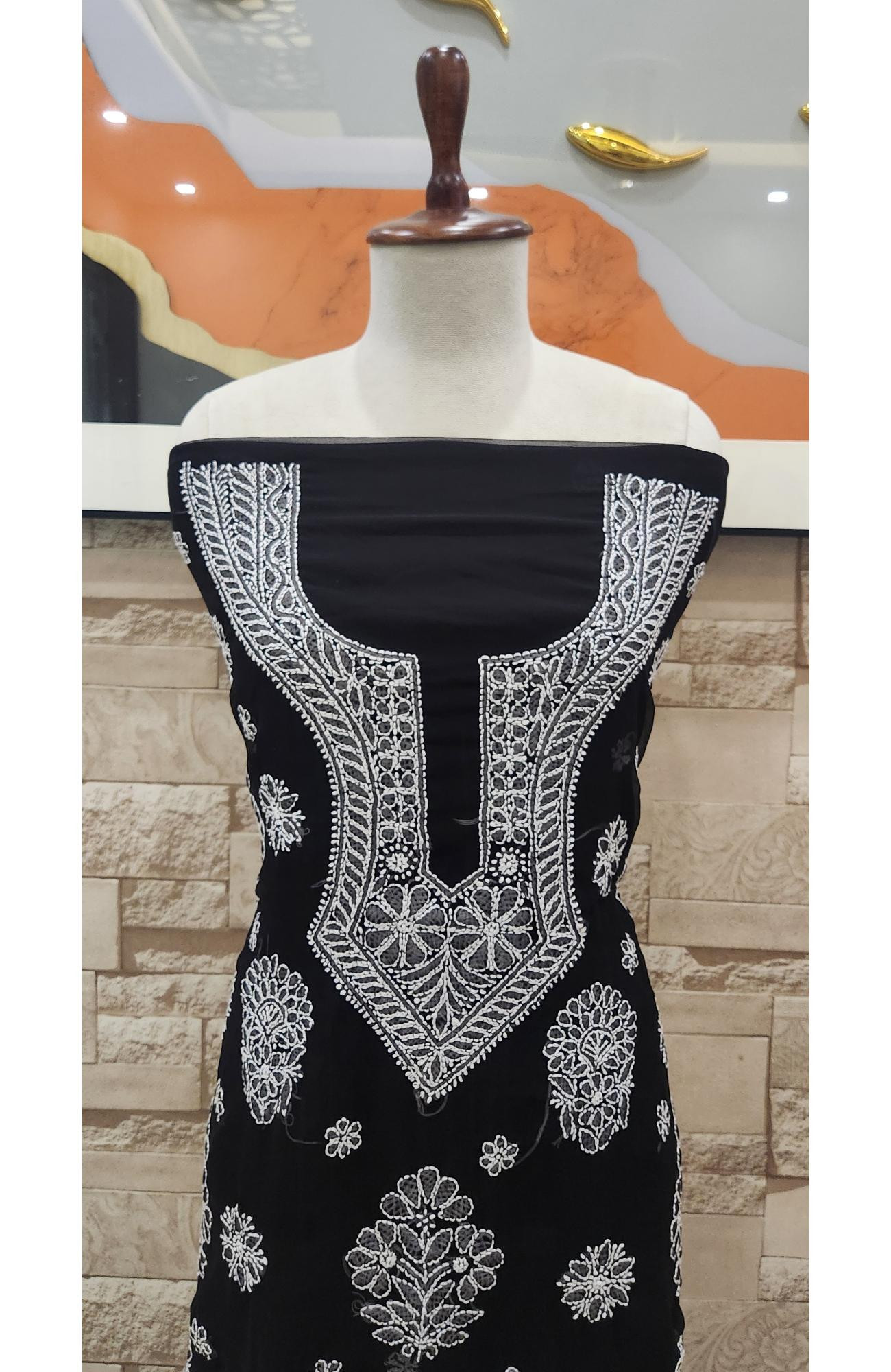 Black Faux Georgette Hand Embroidered Chikankari  Suit Length