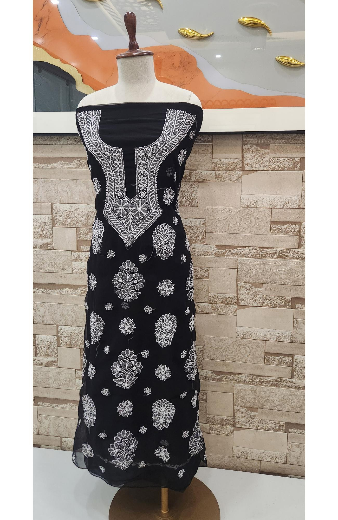 Black Faux Georgette Hand Embroidered Chikankari  Suit Length