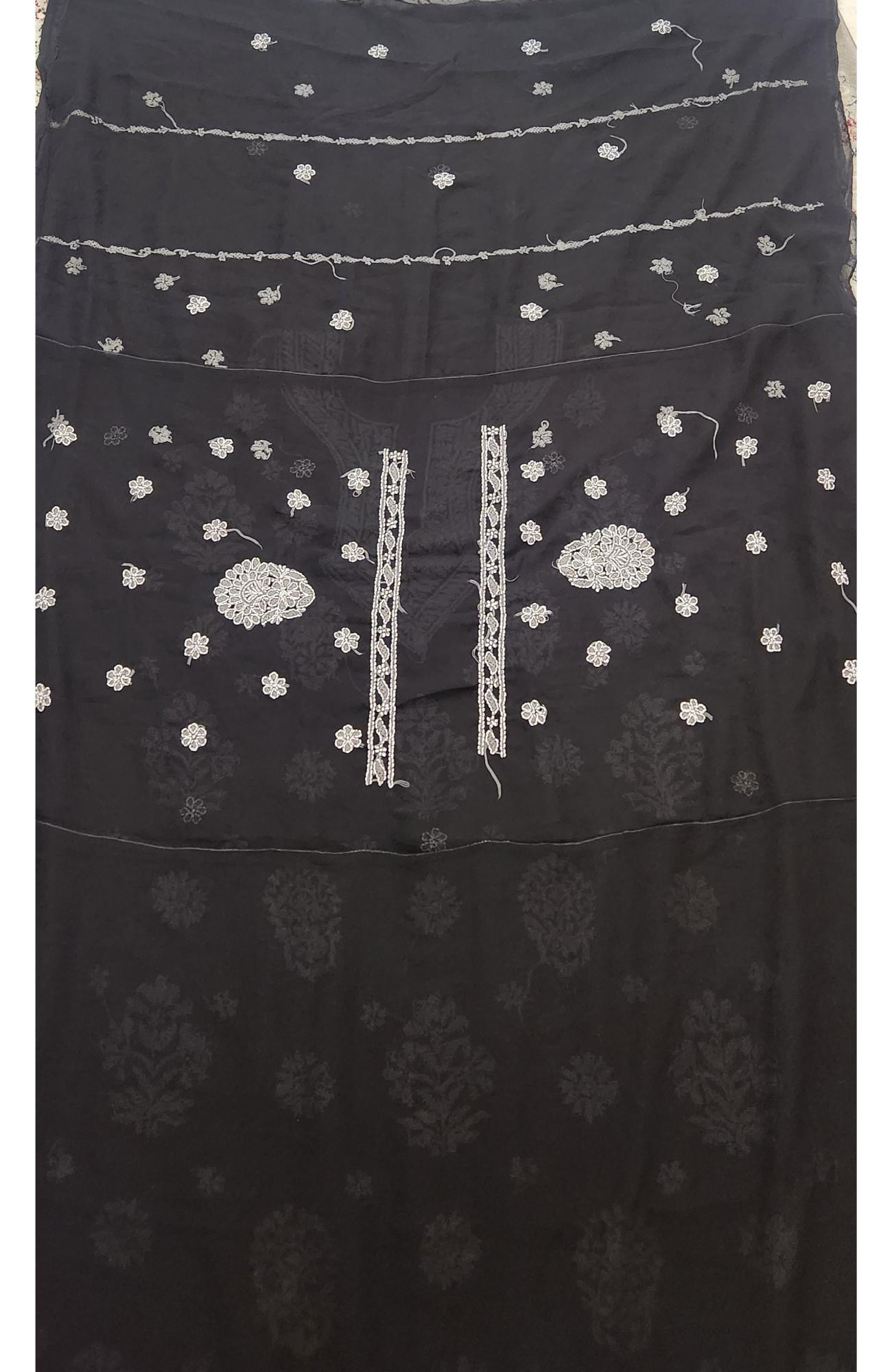 Black Faux Georgette Hand Embroidered Chikankari  Suit Length