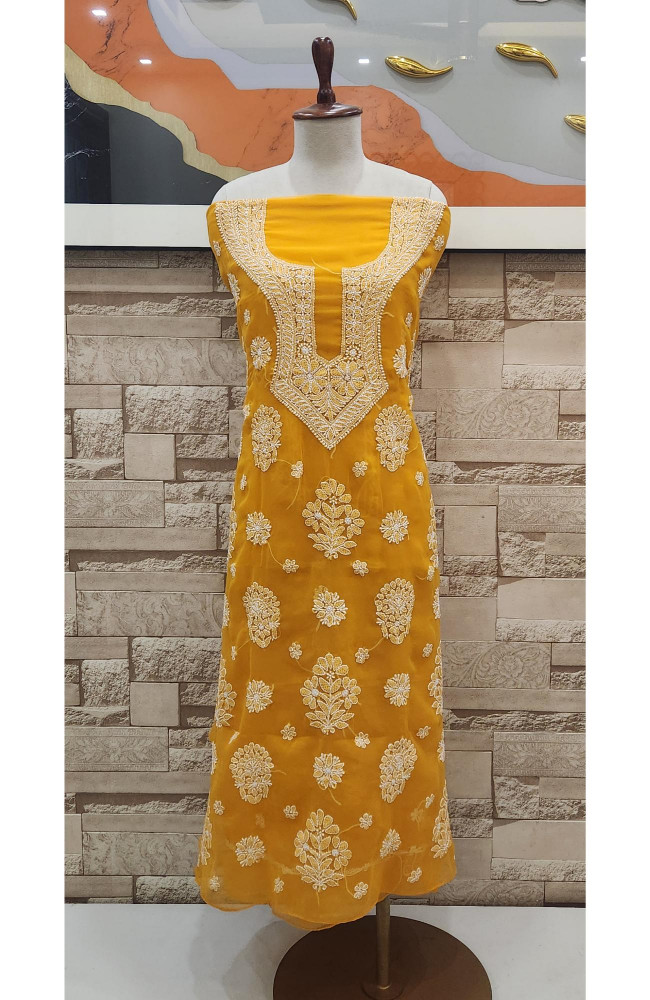Image of Mustard Yellow Faux Georgette Hand Embroidered Chikankari  Suit Length