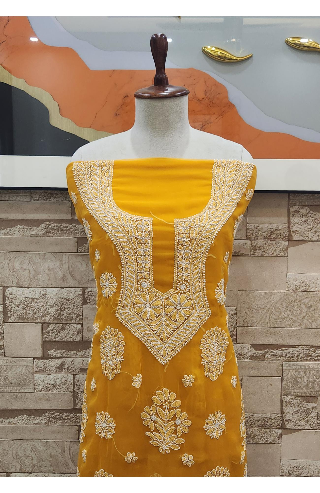 Mustard Yellow Faux Georgette Hand Embroidered Chikankari  Suit Length