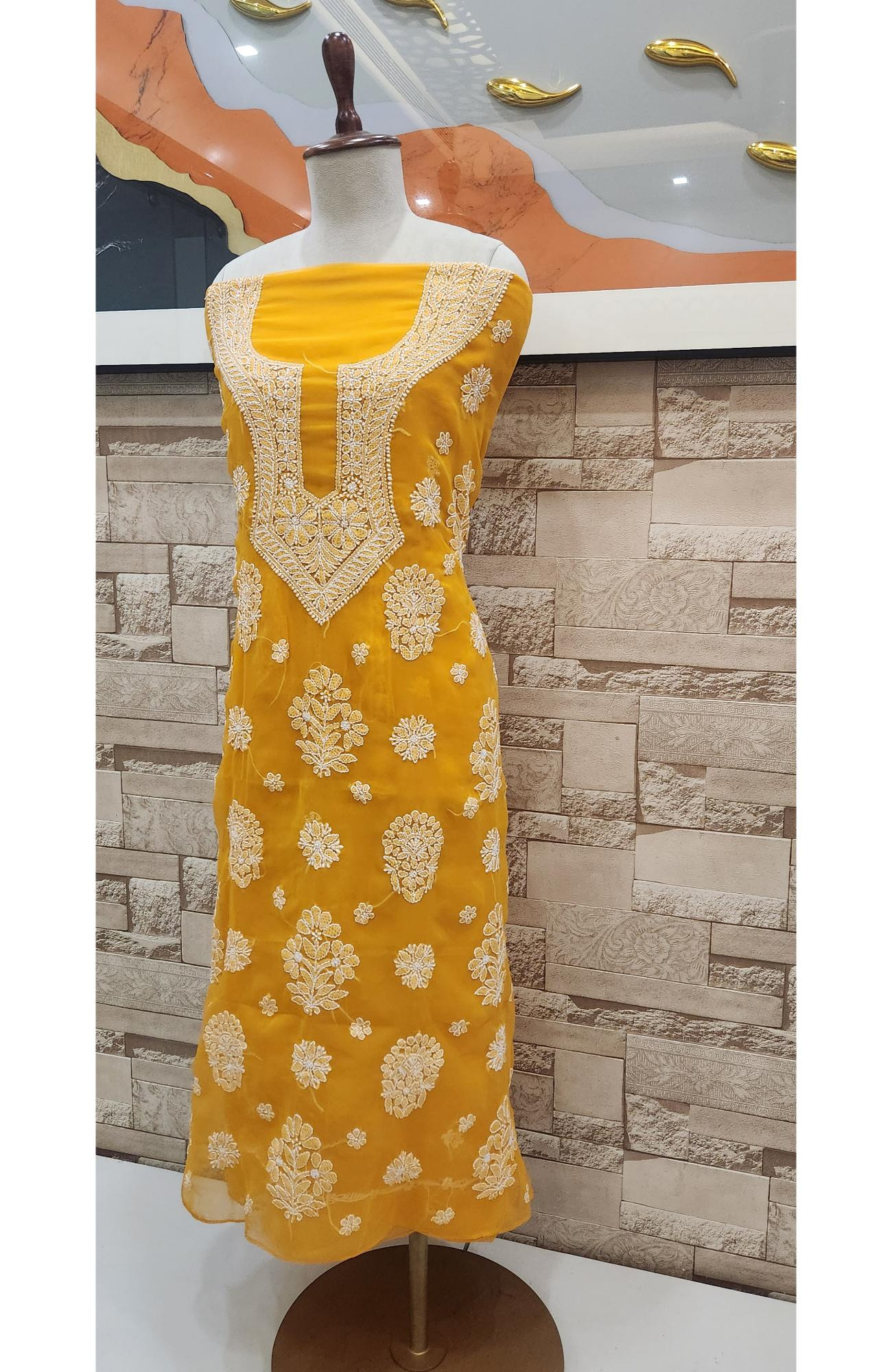 Mustard Yellow Faux Georgette Hand Embroidered Chikankari  Suit Length