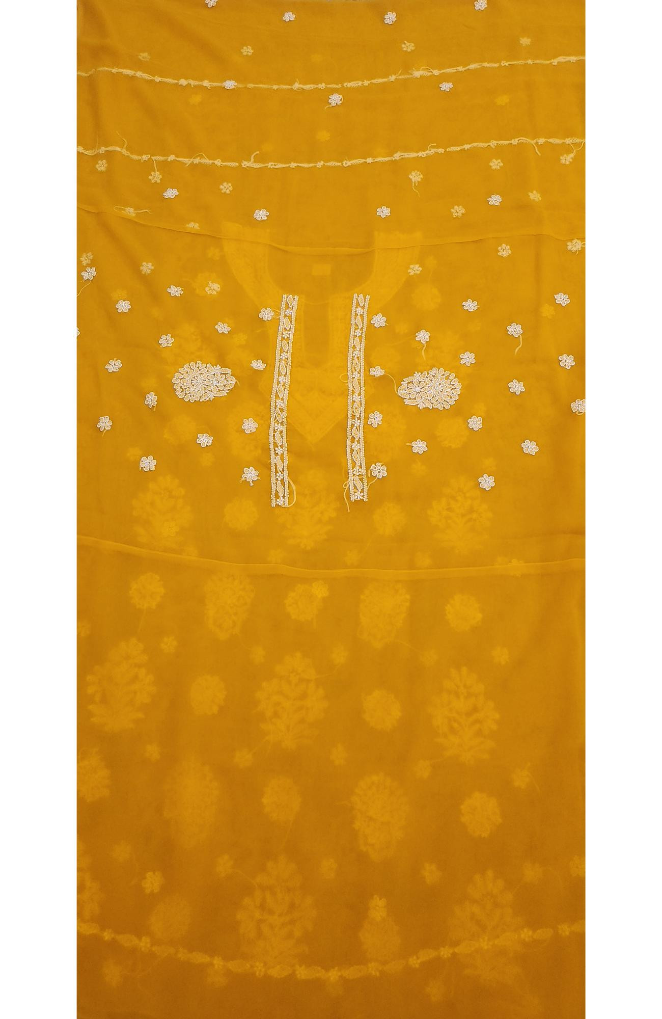 Mustard Yellow Faux Georgette Hand Embroidered Chikankari  Suit Length