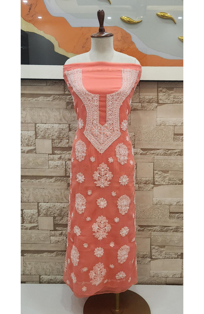 Image of Peach Faux Georgette Hand Embroidered Chikankari  Suit Length