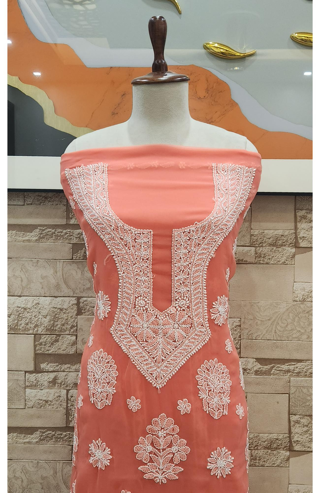 Peach Faux Georgette Hand Embroidered Chikankari  Suit Length
