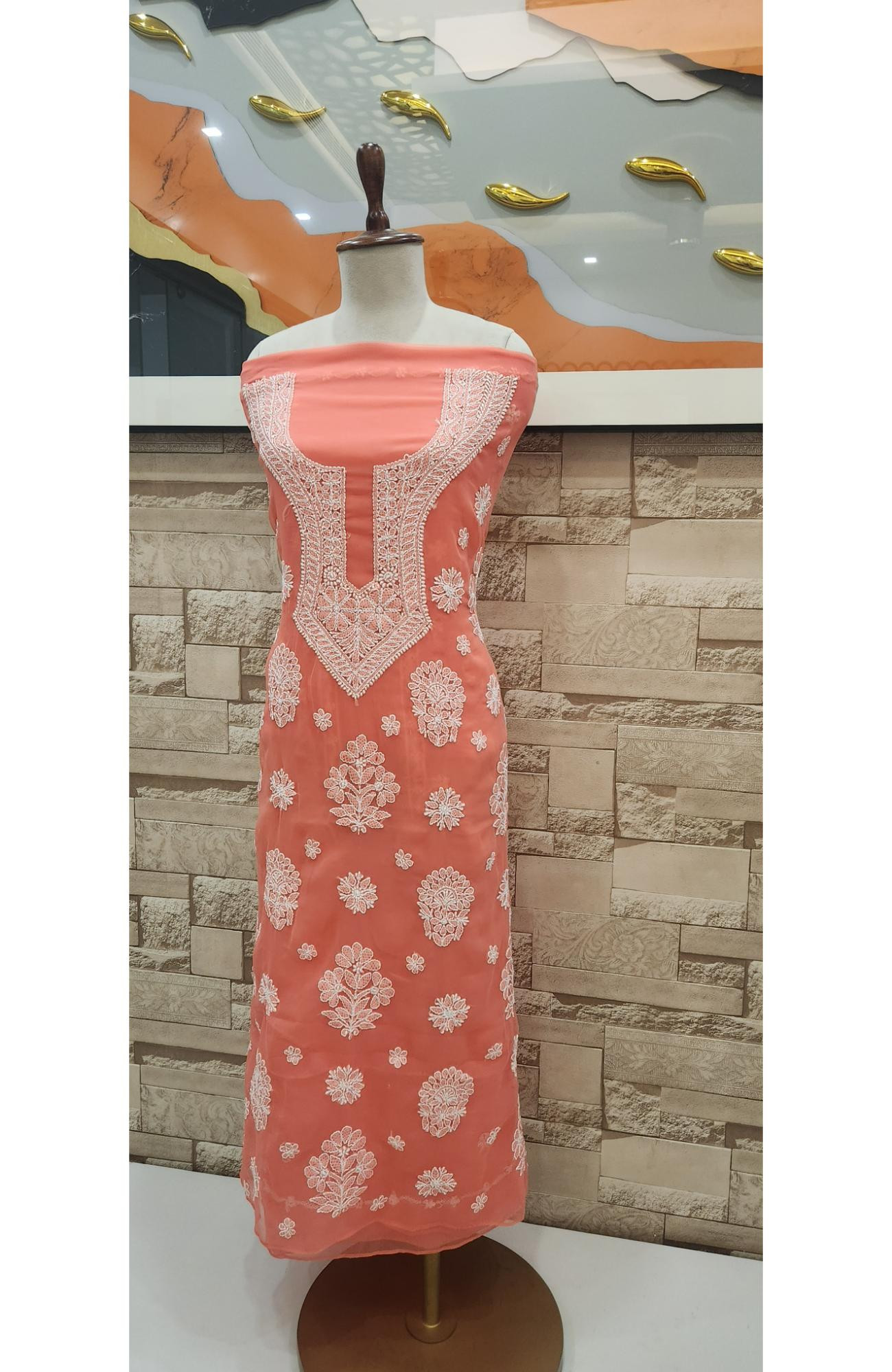 Peach Faux Georgette Hand Embroidered Chikankari  Suit Length