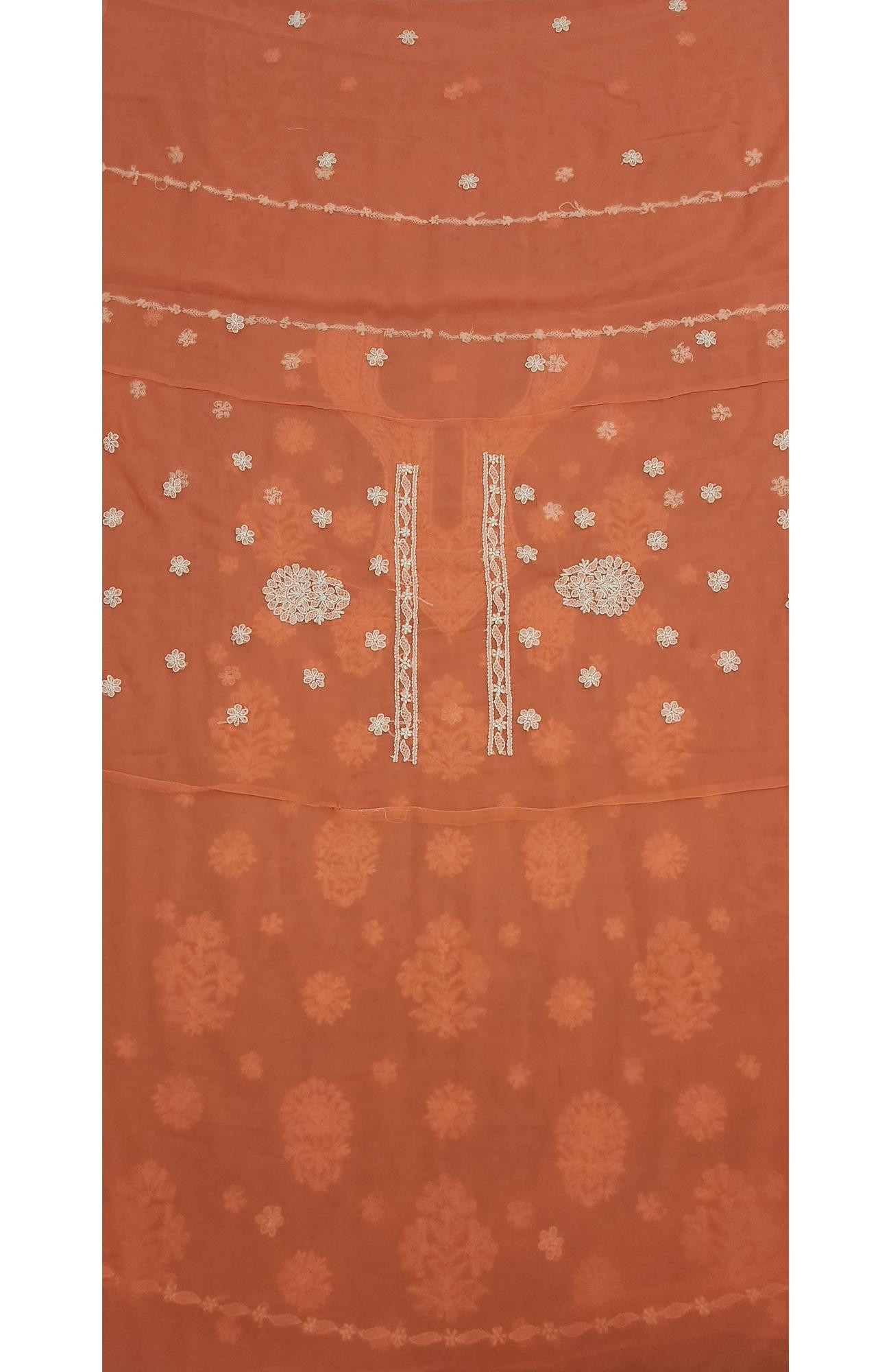 Peach Faux Georgette Hand Embroidered Chikankari  Suit Length