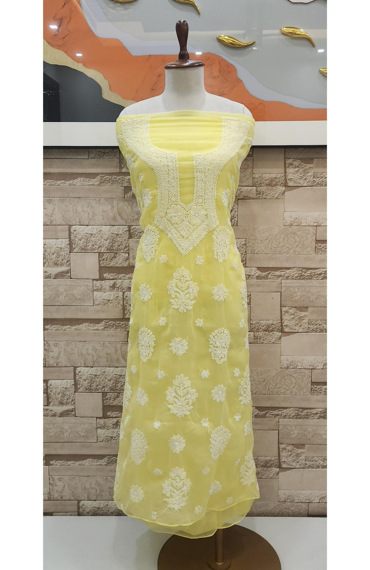 Lemon Yellow  Faux Georgette Hand Embroidered Chikankari  Suit Length