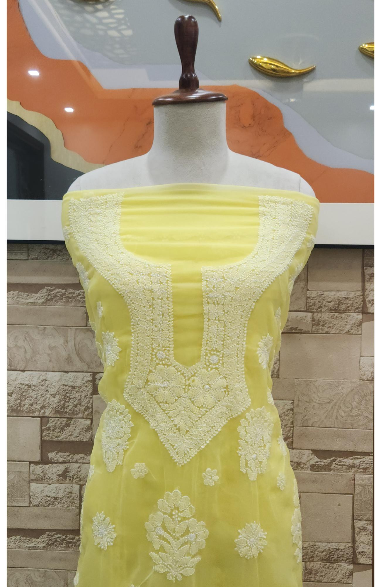 Lemon Yellow  Faux Georgette Hand Embroidered Chikankari  Suit Length