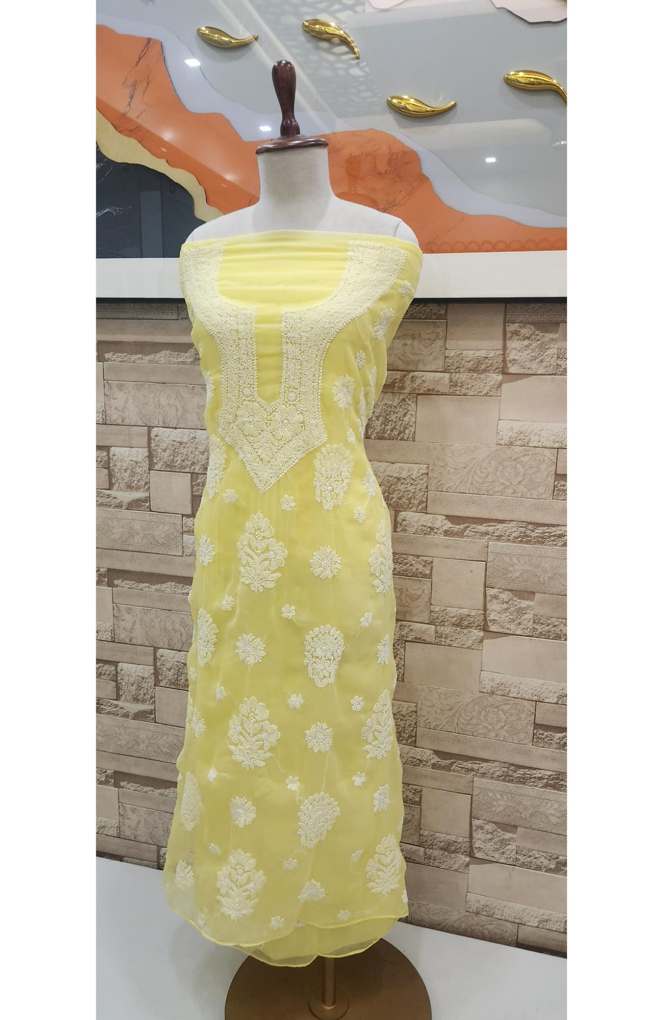 Lemon Yellow  Faux Georgette Hand Embroidered Chikankari  Suit Length