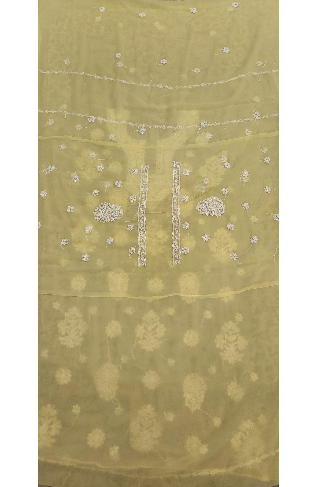 Lemon Yellow  Faux Georgette Hand Embroidered Chikankari  Suit Length