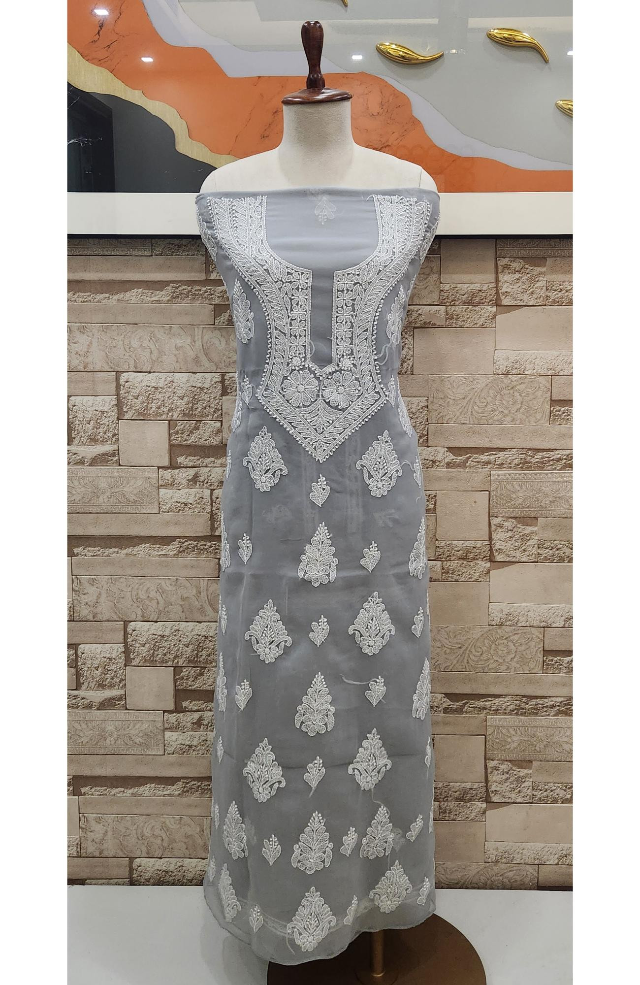 Light Grey  Faux Georgette Hand Embroidered Chikankari  Suit Length