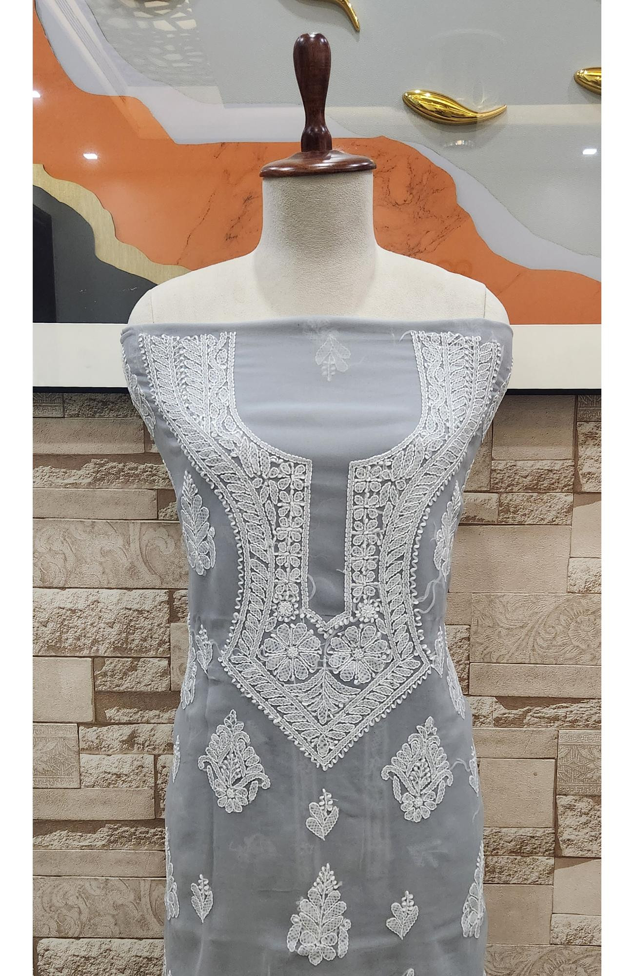 Light Grey  Faux Georgette Hand Embroidered Chikankari  Suit Length