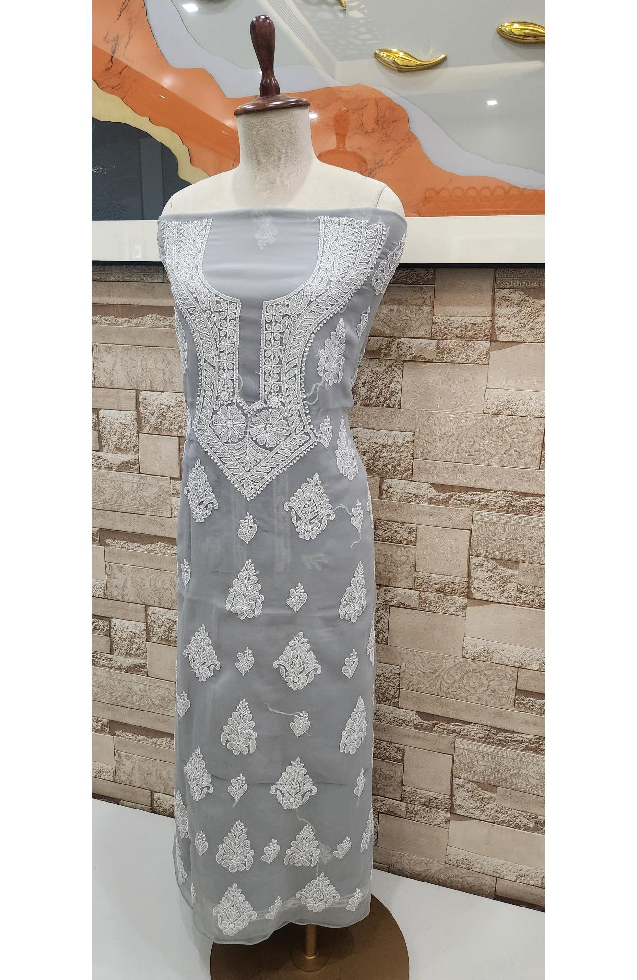 Light Grey  Faux Georgette Hand Embroidered Chikankari  Suit Length