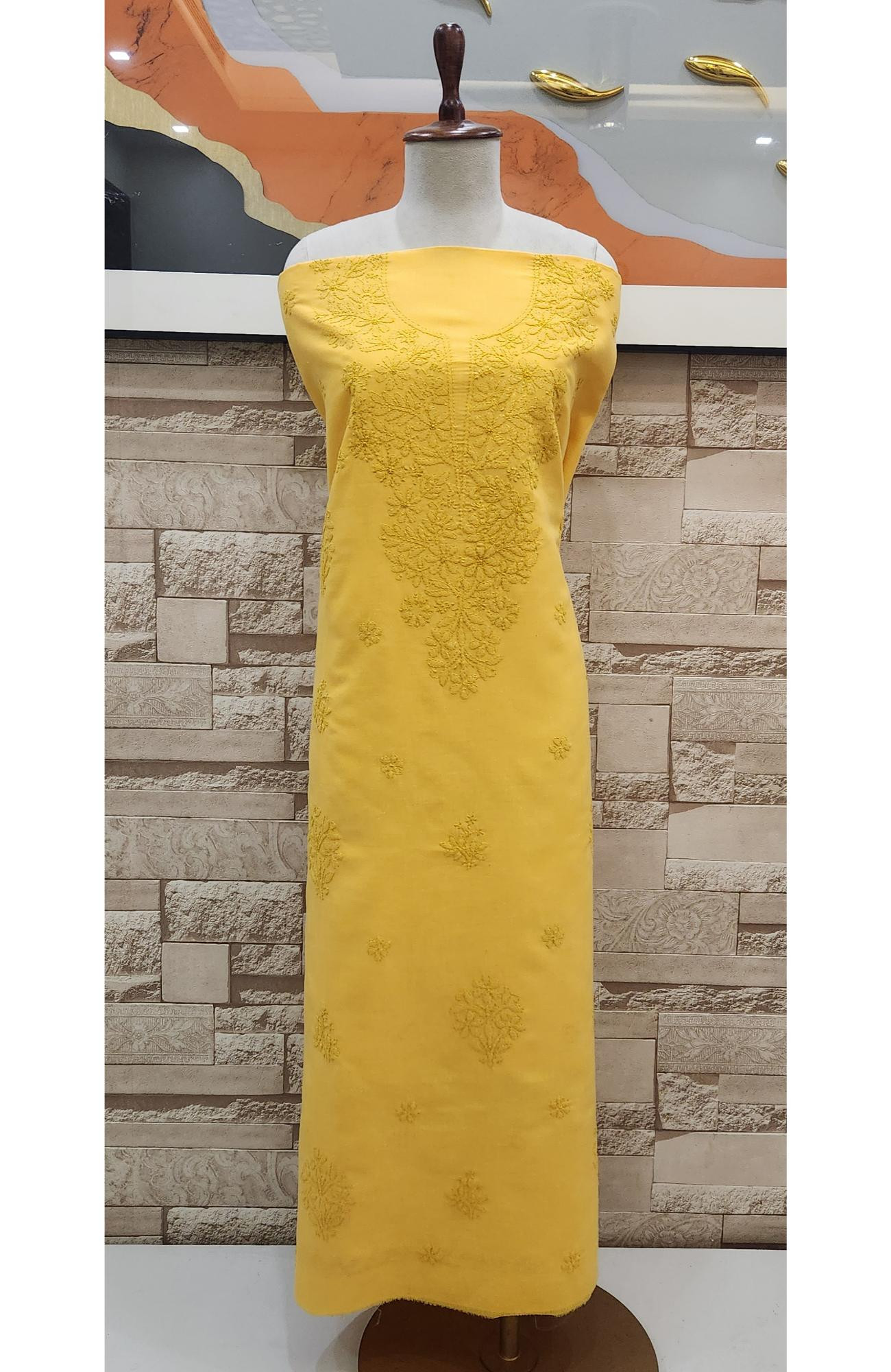 Yellow Cotton Chikankari Suit Length