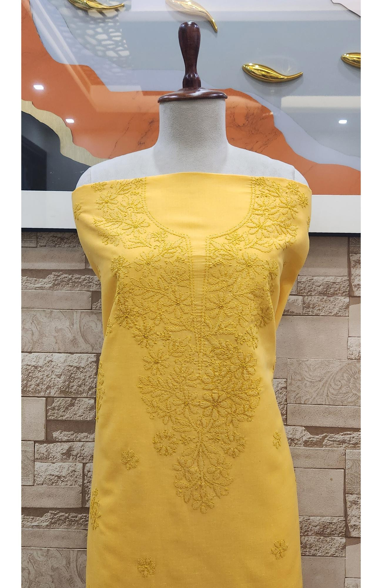 Yellow Cotton Chikankari Suit Length
