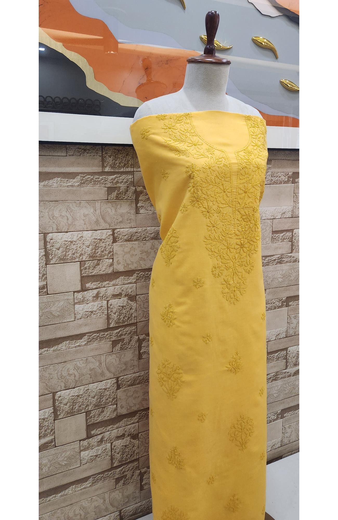 Yellow Cotton Chikankari Suit Length