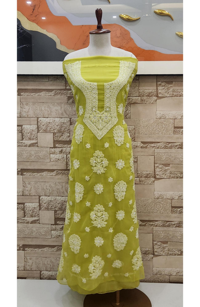 Image of Green Faux Georgette Hand Embroidered Chikankari  Suit Length