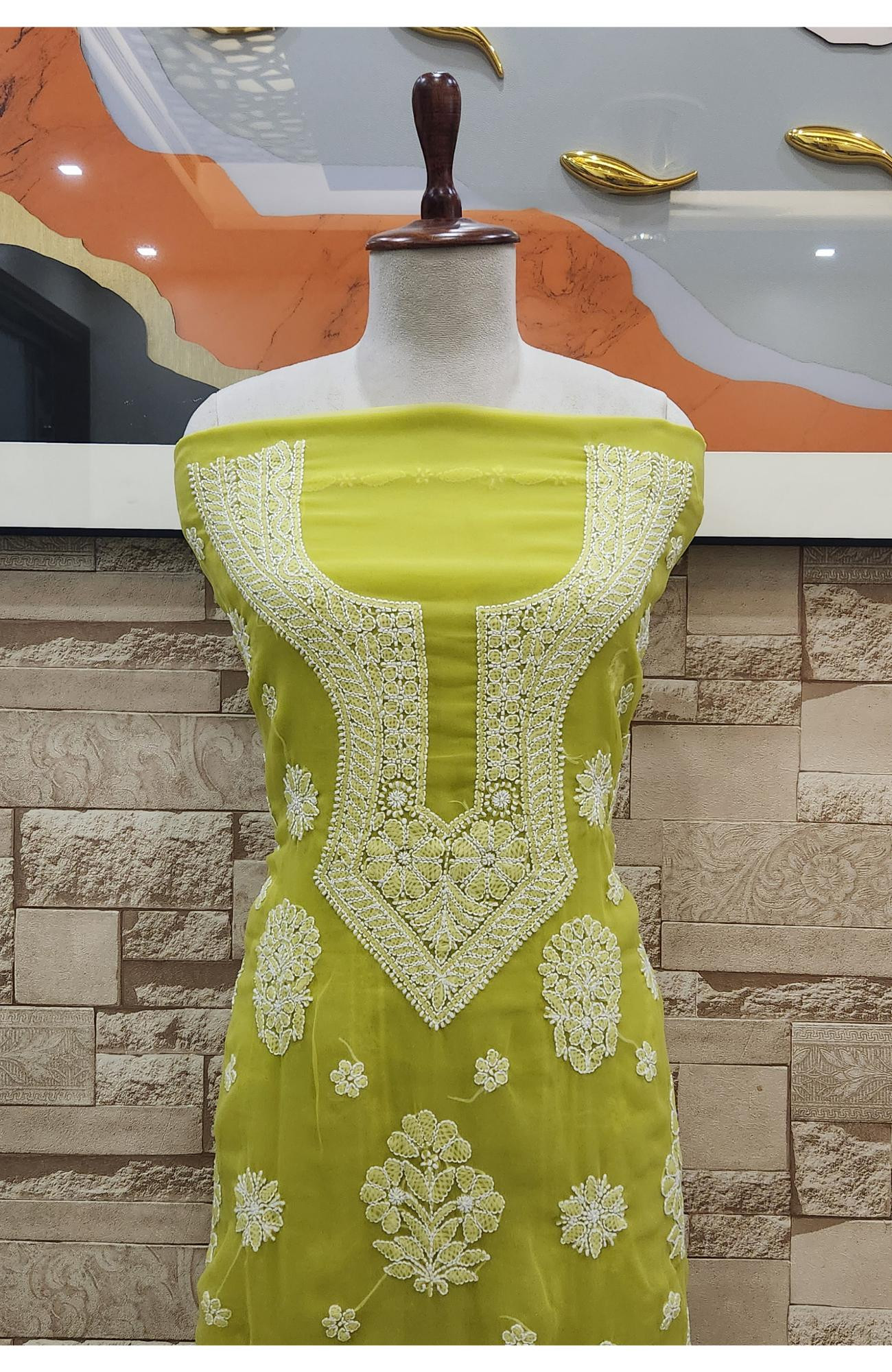 Green Faux Georgette Hand Embroidered Chikankari  Suit Length