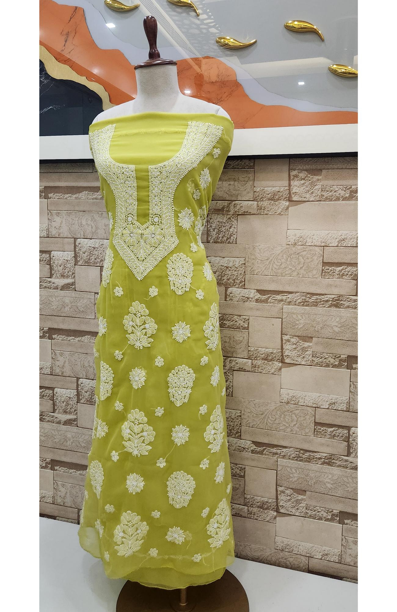 Green Faux Georgette Hand Embroidered Chikankari  Suit Length
