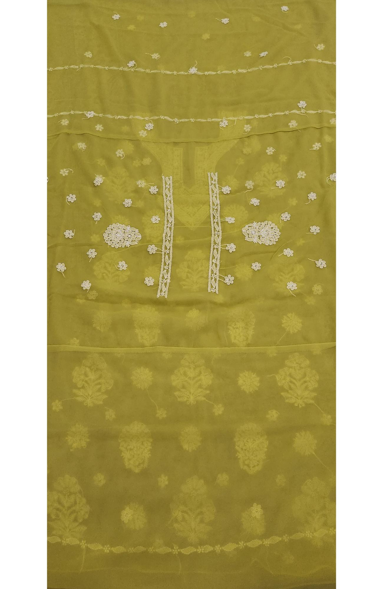 Green Faux Georgette Hand Embroidered Chikankari  Suit Length