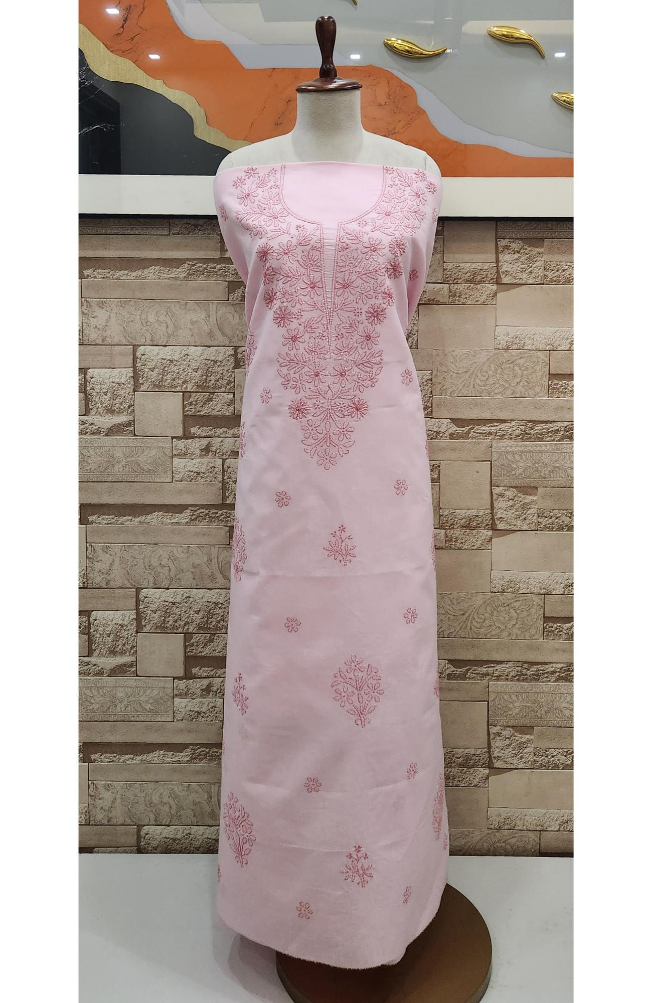 Pink  Cotton Chikankari Suit Length