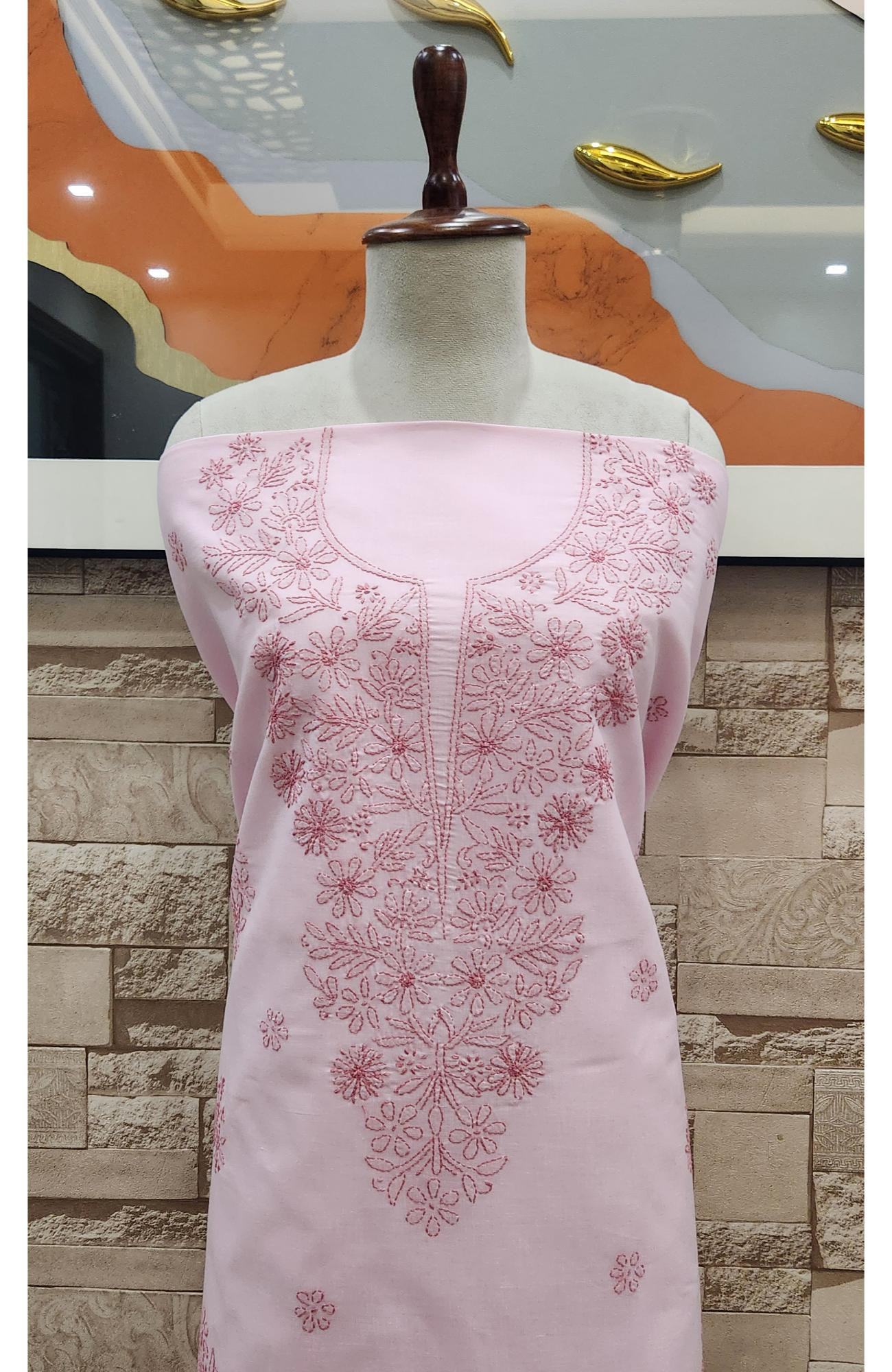 Pink  Cotton Chikankari Suit Length
