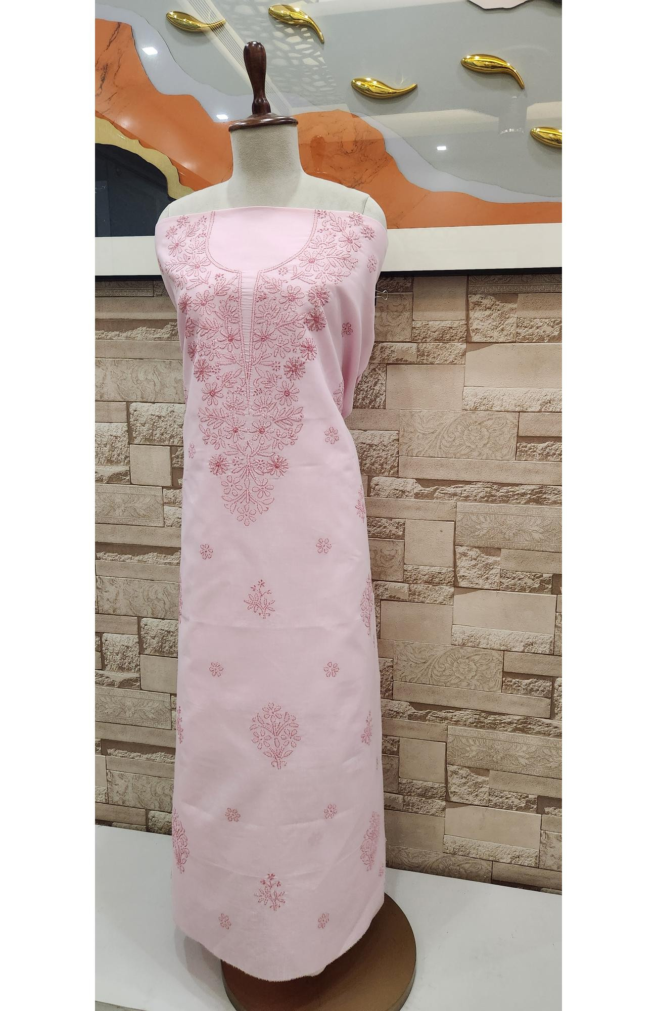 Pink  Cotton Chikankari Suit Length