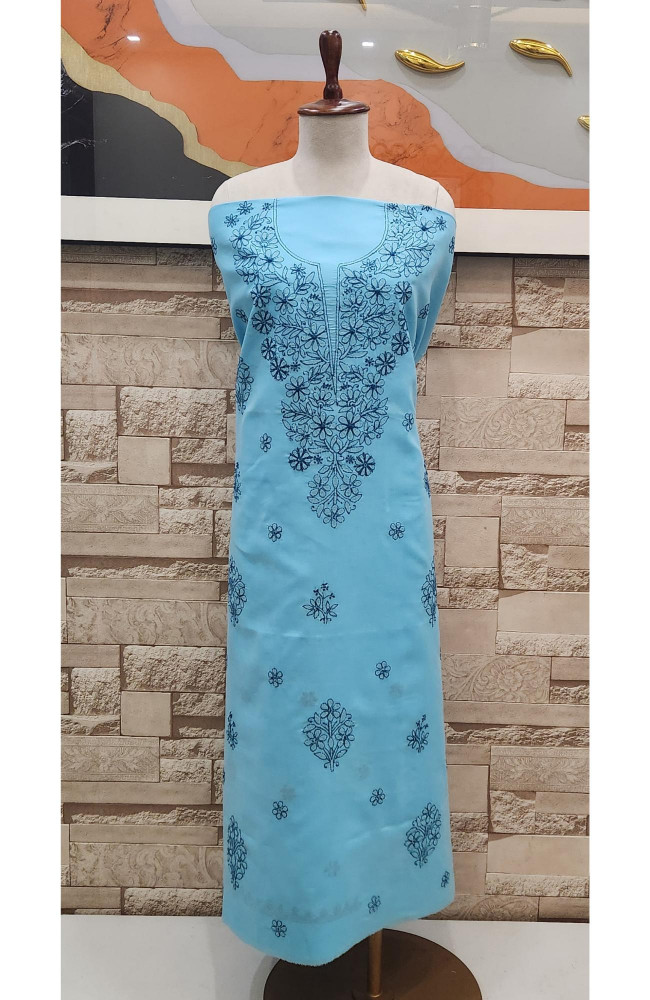 Image of Blue  Cotton Chikankari Suit Length