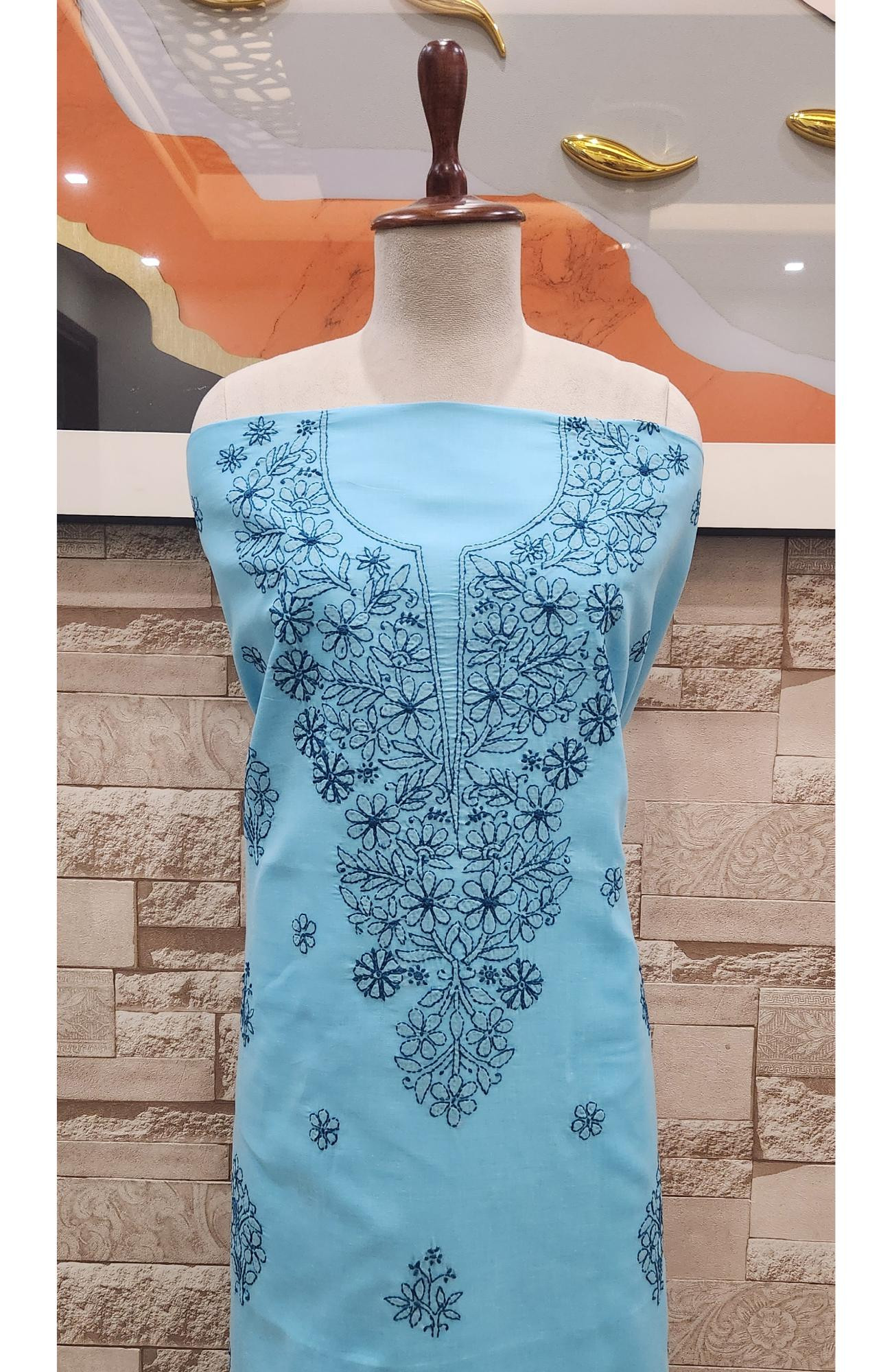 Blue  Cotton Chikankari Suit Length
