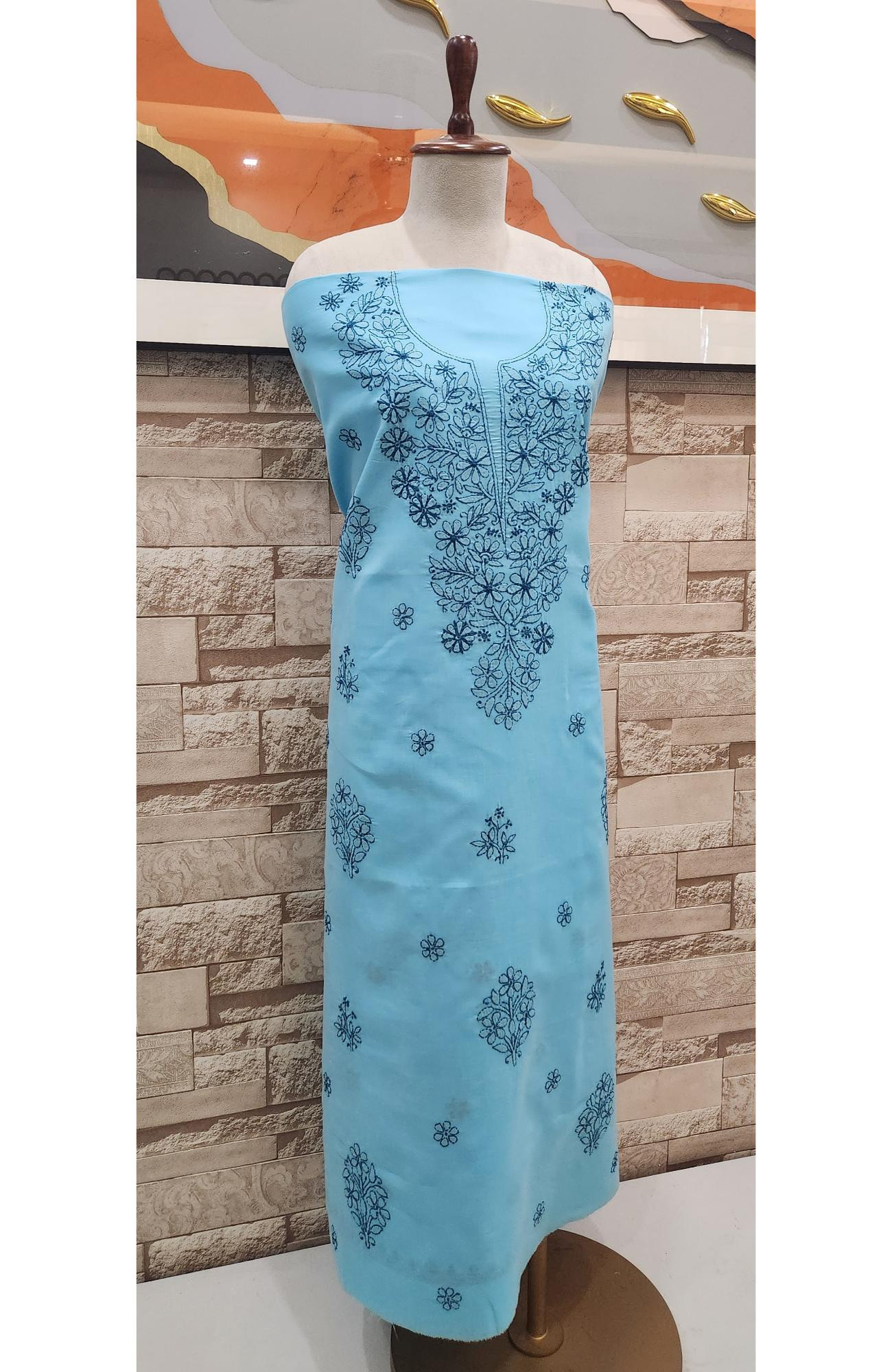 Blue  Cotton Chikankari Suit Length
